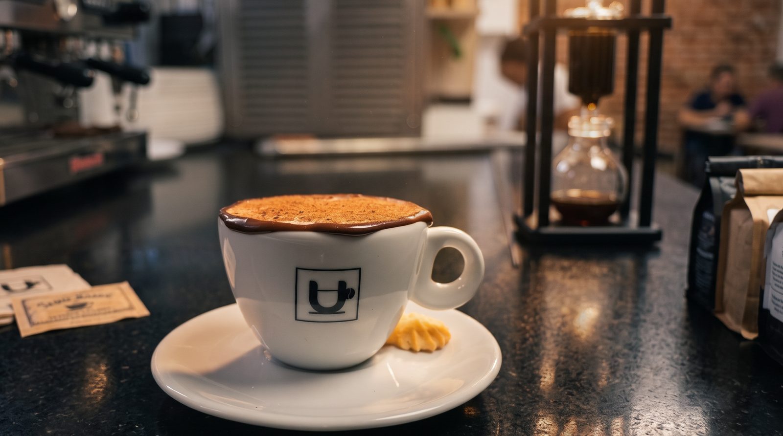 Xícara de cappuccino com arte em espuma em balcão de cafeteria
