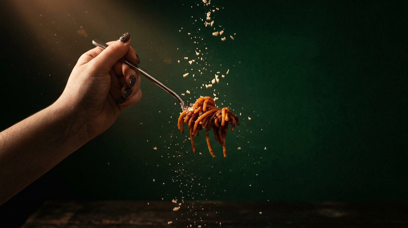 Garfada de macarrão à bolonhesa com queijo ralado caindo em câmera lenta