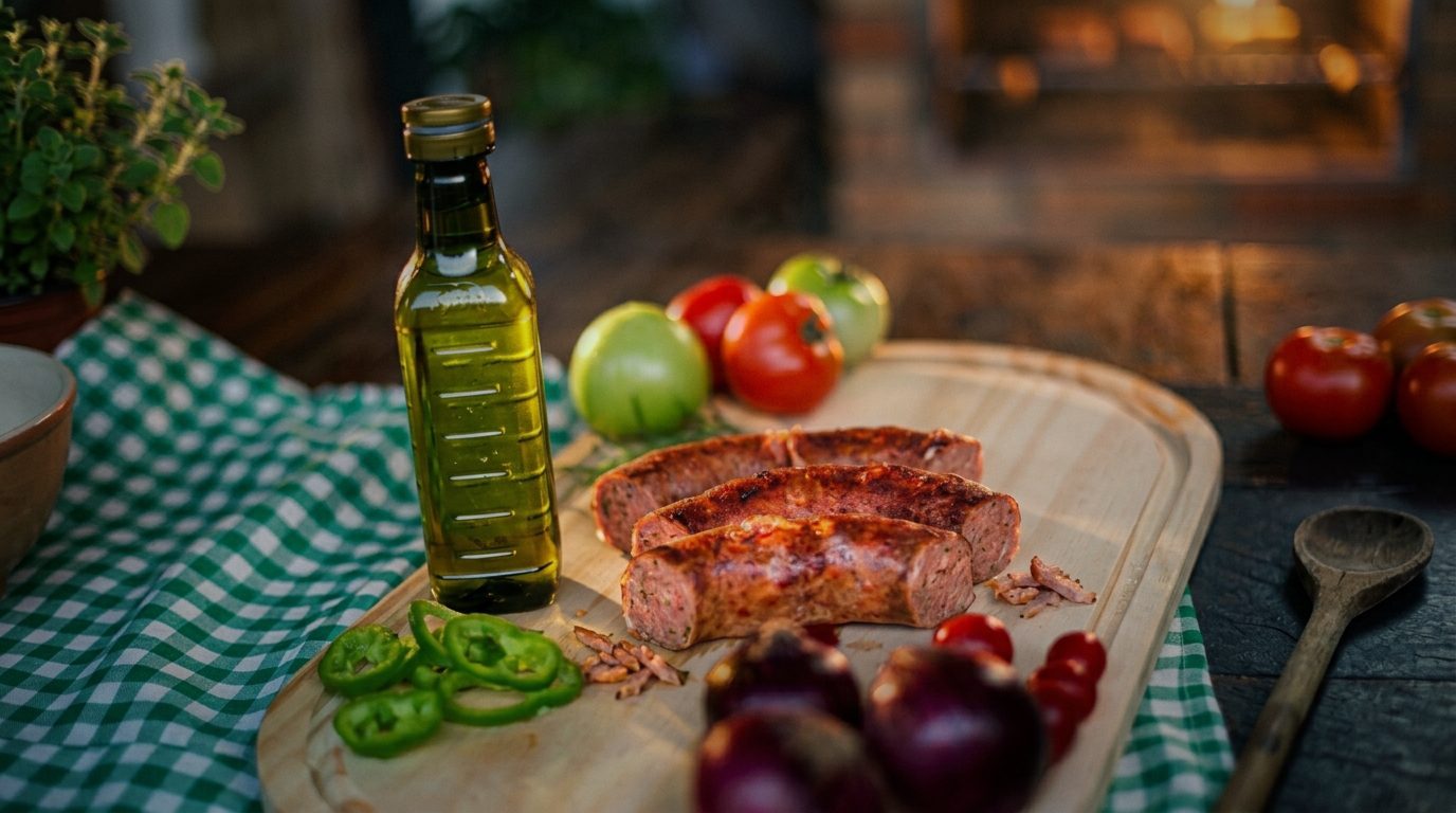 Linguiça grelhada em tábua de madeira com tomates e cebola roxa